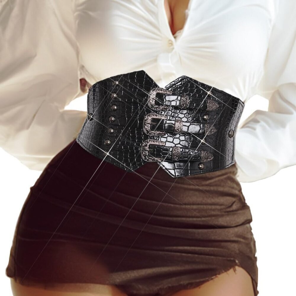 Black Leather Corset Belt Wide Waist Accessory for Women Adjustable